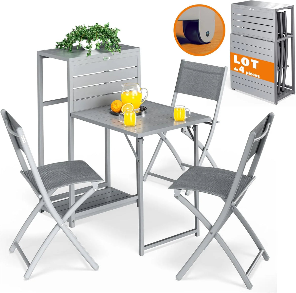 Salon de jardin et ensemble lounge — pliable, avec roulettes, gris