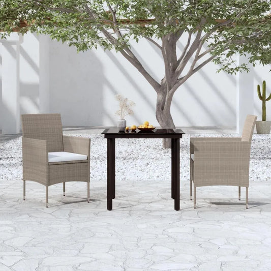Salon de jardin et ensemble lounge — en verre, en acier, avec coussins, résistant à l'eau, 3 pièces, noir, en résine tressée
