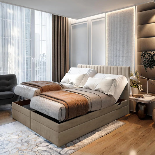 Lit Adulte ADÈLE: revêtement en tissu, avec rangement, 140 × 200, beige, revêtement en velours