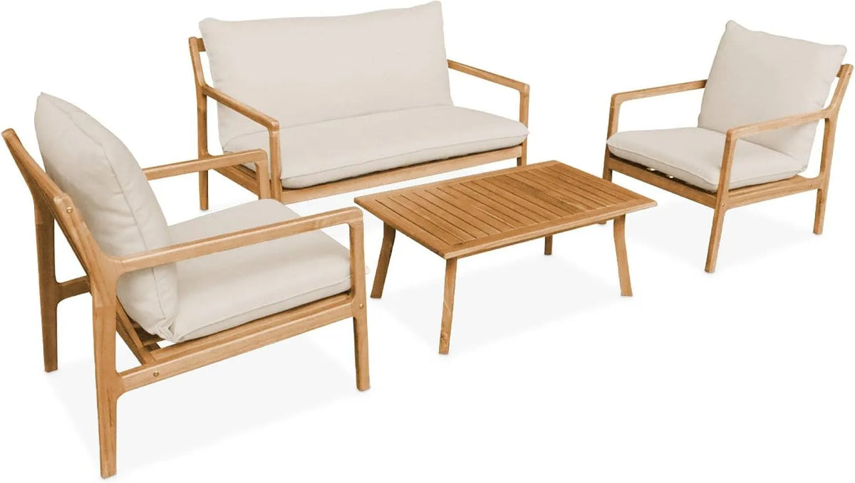 Salon de jardin et ensemble lounge – NALDA, en bois, avec coussins, 4 Places, beige