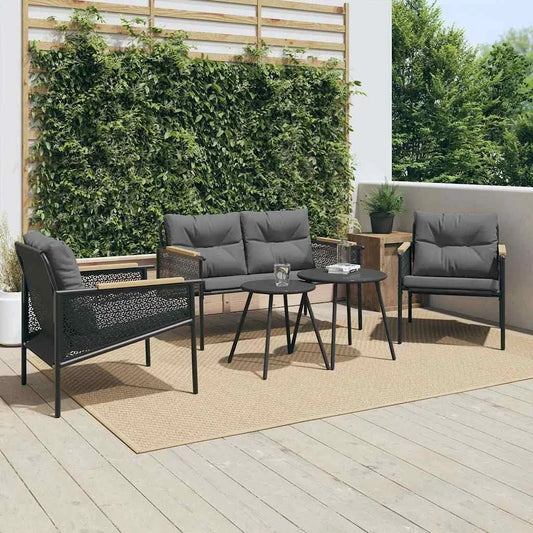 Lot de 5 meubles de balcon avec coussins en acier — en bois, résistant à l'eau, 110 kg, noir