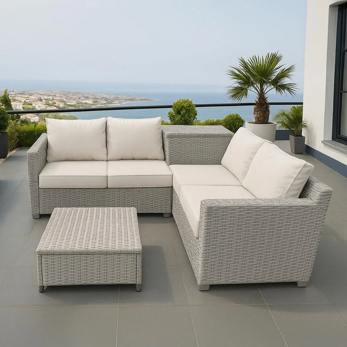 Salon de jardin et ensemble lounge — USINE, en acier, avec coussins, 4 Places, gris