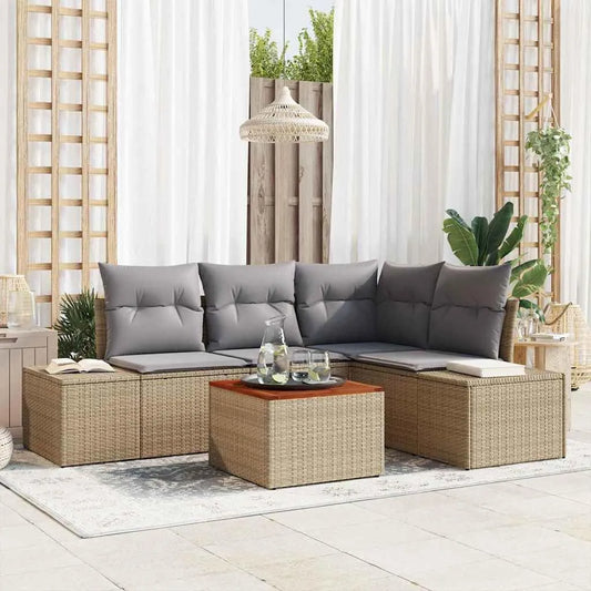 Banc de jardin et banquette de terrasse: avec coussins, 5 pièces, beige, en résine tressée