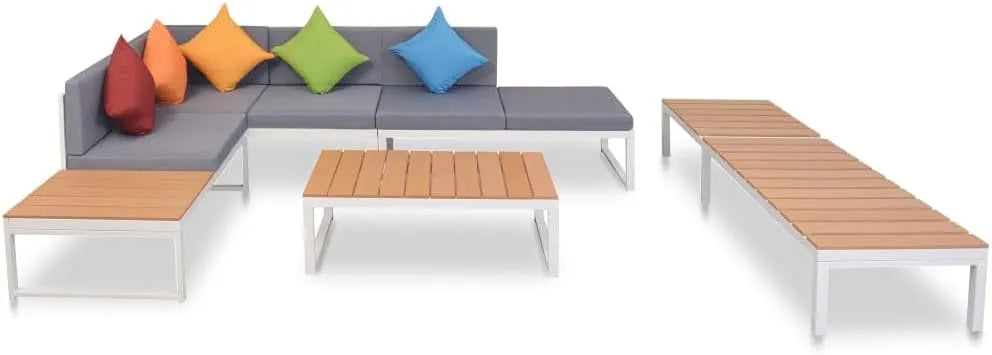 Canapé d'angle et canapé panoramique – WPC, avec coussins, en aluminium, 5 pièces, gris