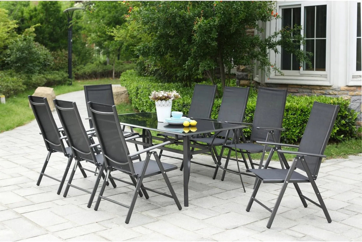 Salon de jardin et ensemble lounge — en verre, pliable, réglable, en aluminium, gris, inclinable