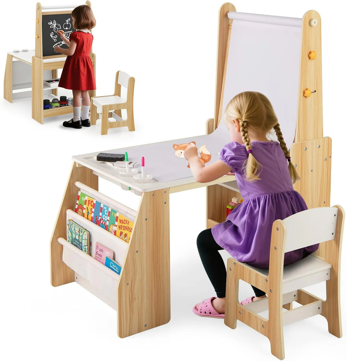 COSTWAY Bureau: pour enfant, avec rangement, avec Bibliothèque et étagère de rangements, 2 Étagères, noir