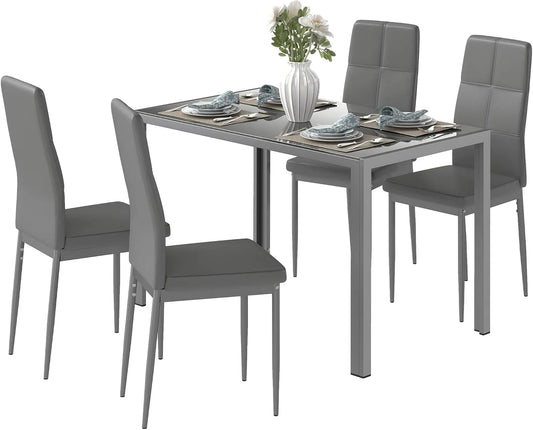 HOMCOM Table à manger et table de salle à manger — en verre, en cuir, en acier, gris