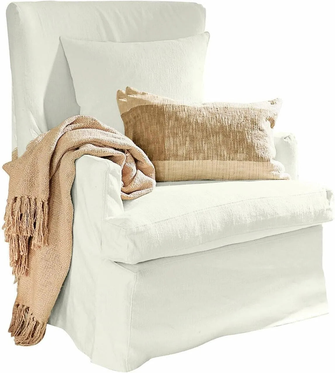 Loberon Williamson Fauteuil et chaise rembourrée style maison de campagne avec coussin décoratif et – lavable, en bois, avec coussins, blanc