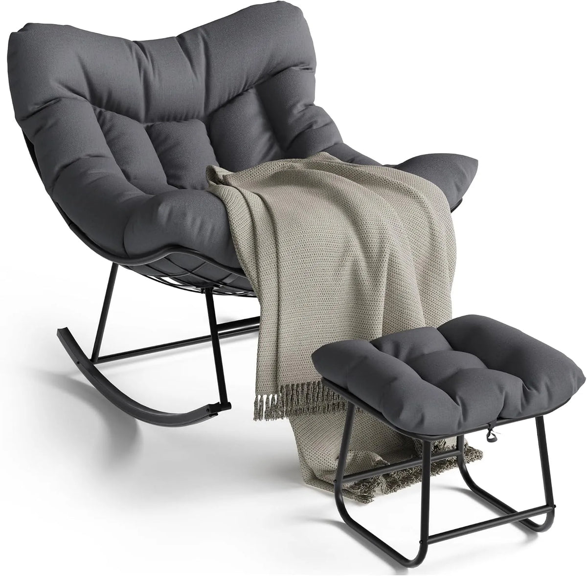 Fauteuil à bascule — en métal, avec coussins
