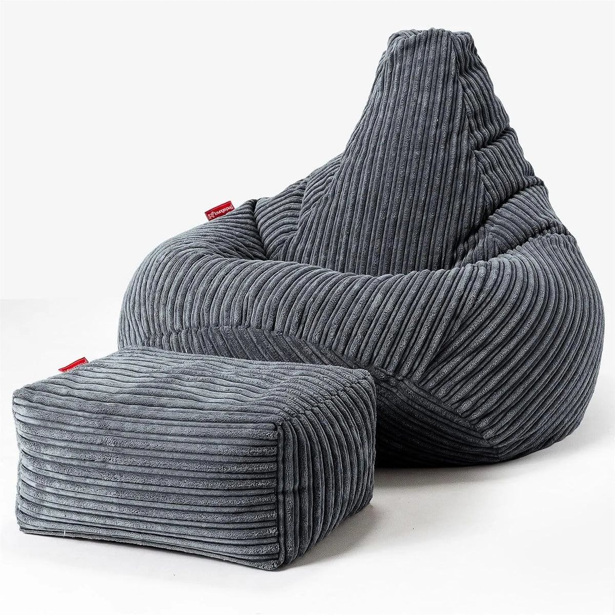 Lounge Pug Pouf Poire Gamer avec Repose-Pieds en Velours Côtelé – pour gaming, format portable, gris