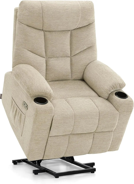 M MCombo Fauteuil et chaise rembourrée TV avec Aide à la montée électrique: revêtement en tissu, avec port USB, réglable, beige, inclinable