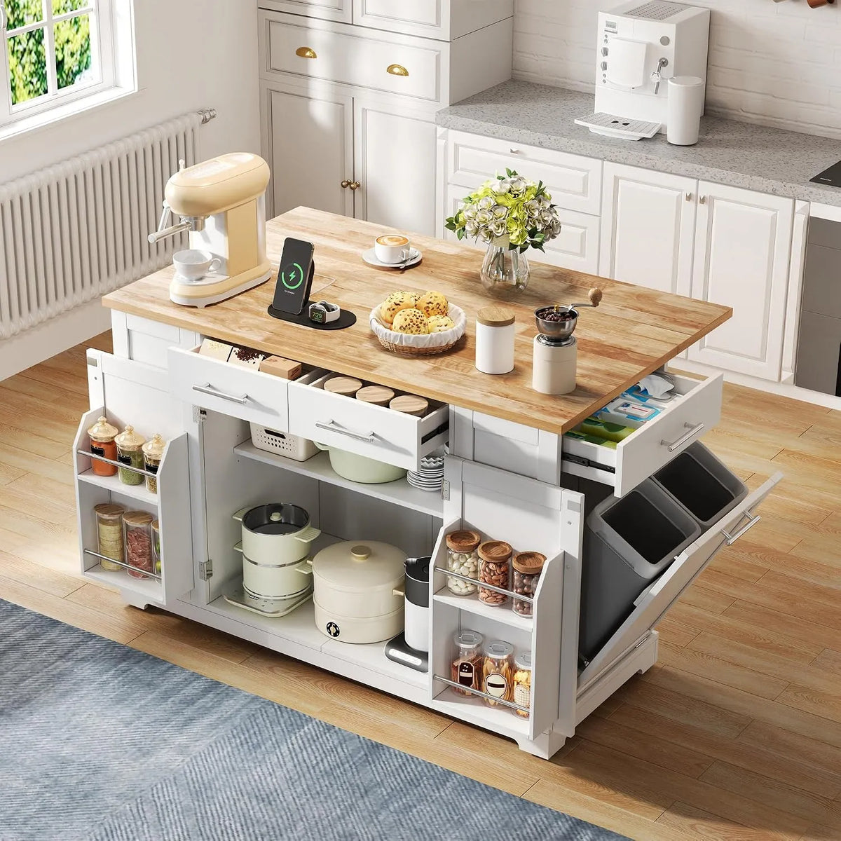 Merax îlot de cuisine avec plan de travail pliable — avec tiroirs, 2 portes, 4 tiroirs, 138 × 56, 86 × 92, extensible