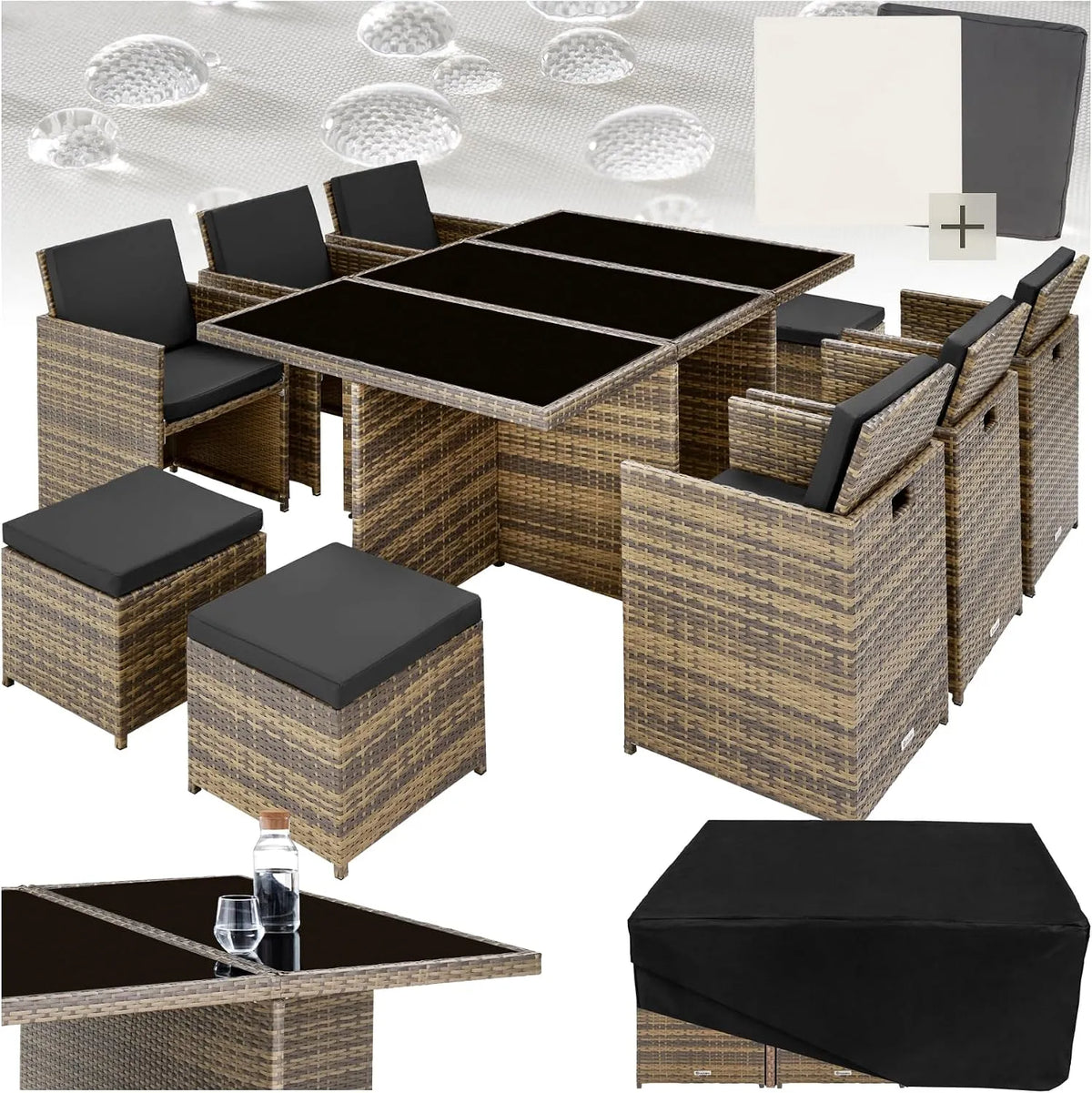 tectake Salon de jardin et ensemble lounge — en aluminium, marron, en résine tressée