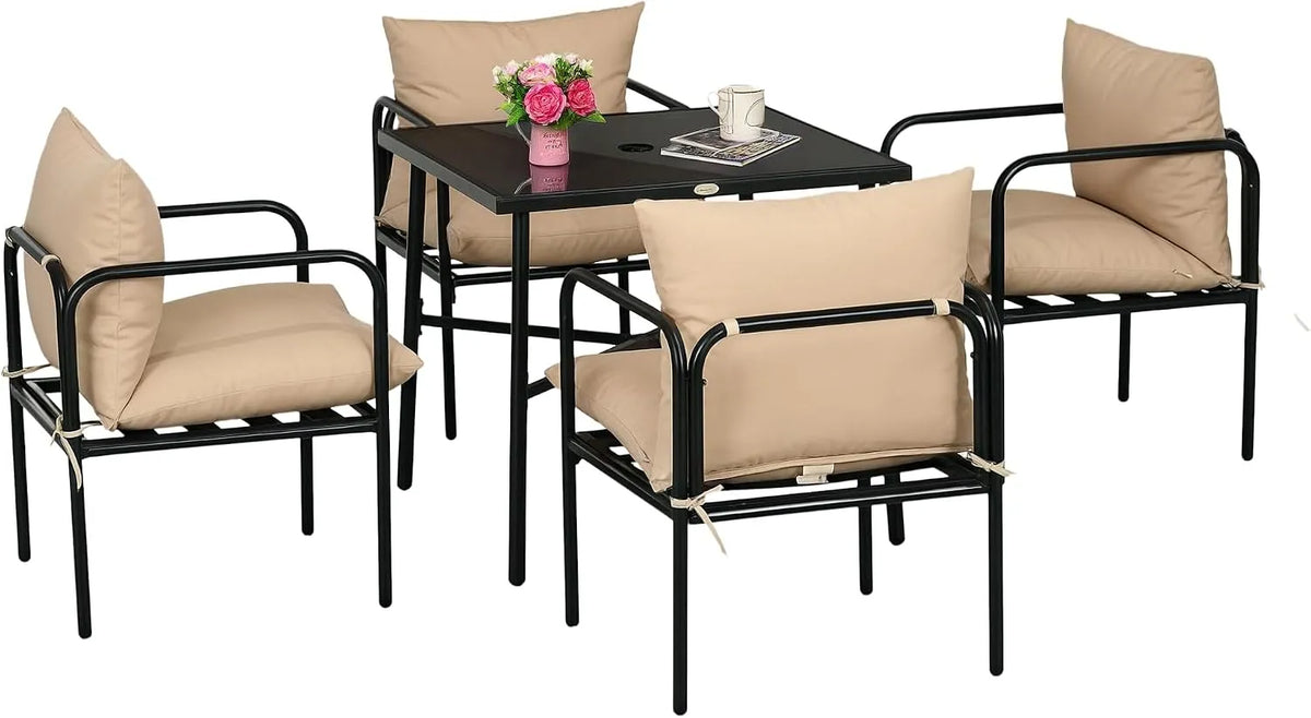 Outsunny Salon de jardin et ensemble lounge: en verre, en acier, avec coussins, 5 pièces