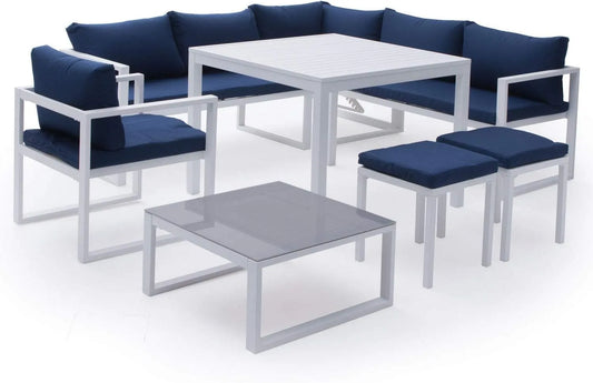 Salon de jardin et ensemble lounge – revêtement en tissu, en aluminium, 7 Places, blanc