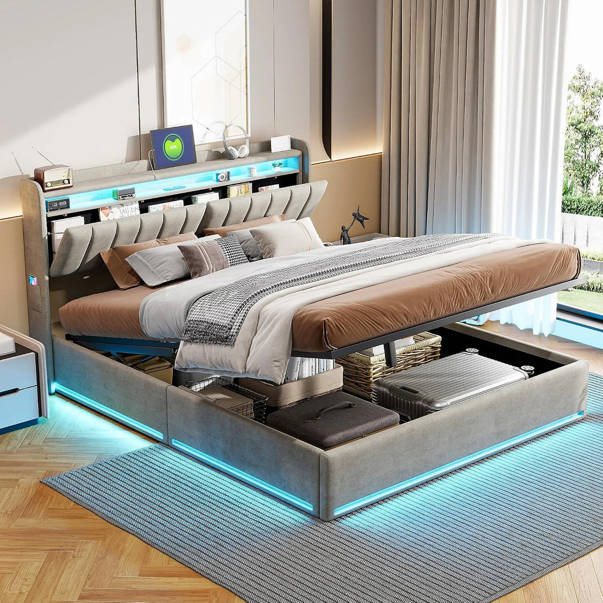 Lit Coffre 160 x 200 cm — avec rangement, avec port USB, affichage LED, 160 × 200 cm, gris, revêtement en velours