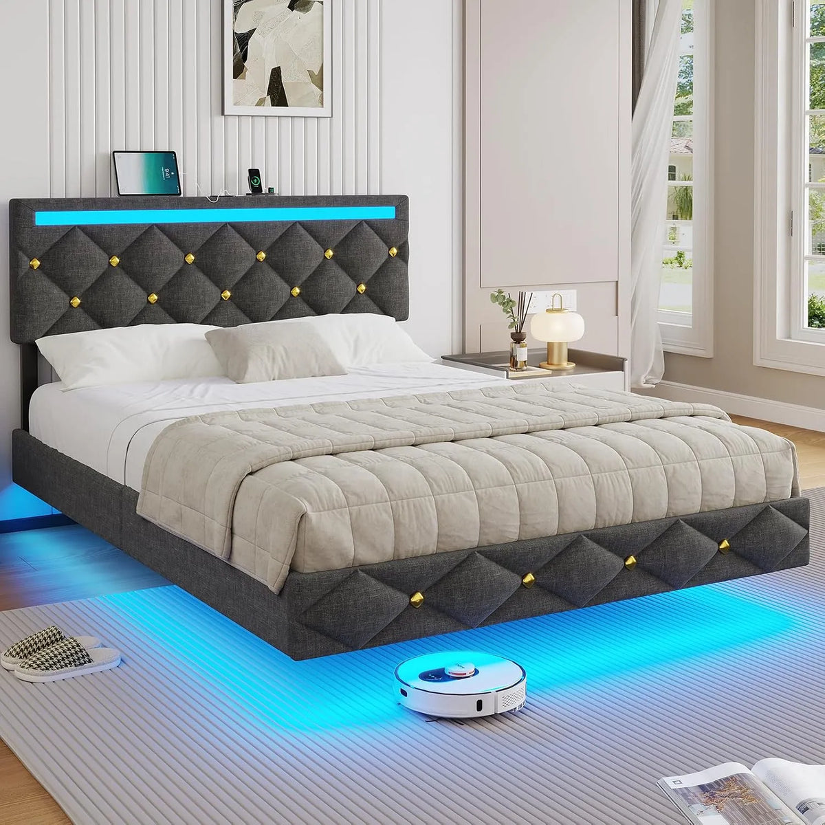 Lit 140x190 avec LED – USB-A, avec port USB, réglable, affichage LED, 140 × 190, 140 × 190cm, gris
