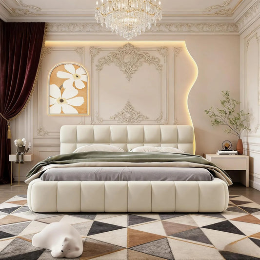Lit rembourré et cadre de lit tapissé — 140 × 190cm, 140 × 190 cm, beige, revêtement en tissu