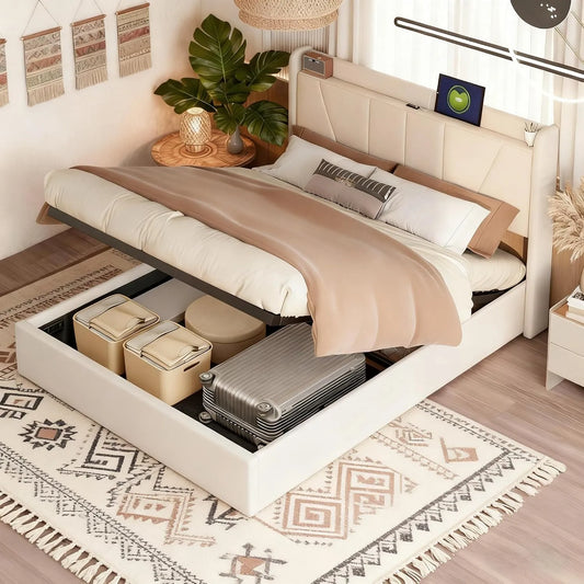 lit Coffre Sommier Rembourré 160x200 cm – avec port USB, 160 × 200 cm, beige