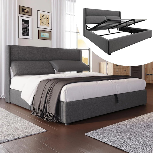 Lit double à sommier tapissier 140 x 200 cm – en métal, avec rangement, réglable, 140 × 200 cm, revêtement en tissu