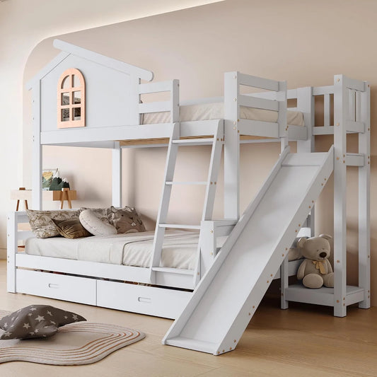Lit superposé et lit mezzanine — pour enfant, en bois, avec tiroirs, avec escalier, 90 × 200 cm, 120 × 200 cm, blanc, en bois massif