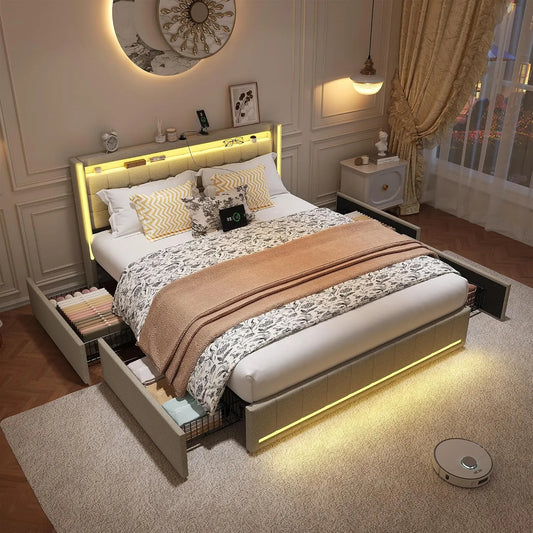 Lit rembourré et cadre de lit tapissé – avec rangement, avec tiroirs, avec port USB, affichage LED, 4 Tiroirs, 180 × 200, 180 × 200 cm