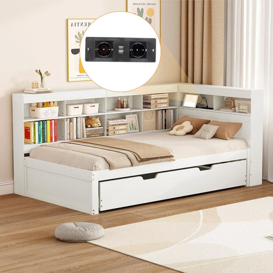 okwish Lit pour adolescent 90 x 200 cm — avec rangement, 90 × 200 cm, blanc, revêtement en tissu