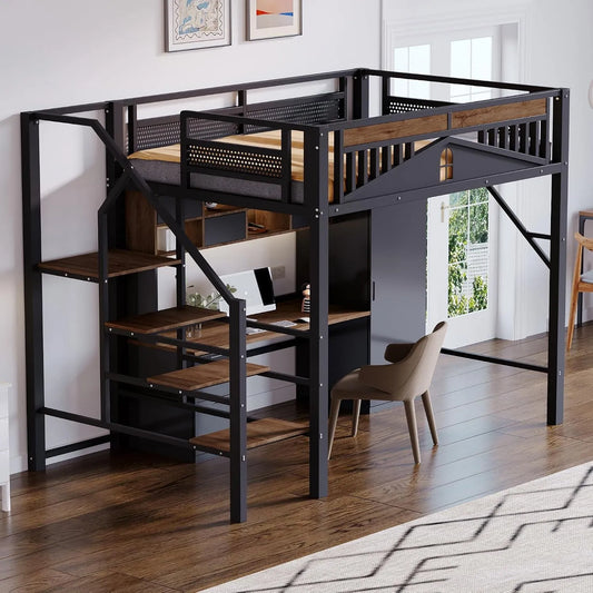 Bureau et table informatique — en métal, avec rangement, avec bureau, avec échelle, 140 × 200 cm, noir, revêtement en tissu