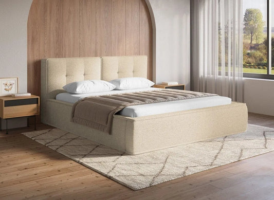 DecoInParis Lit Double en Tissu Bouclette Beige 180x200cm Yuna: revêtement en tissu, revêtement bouclé, 180 × 200cm