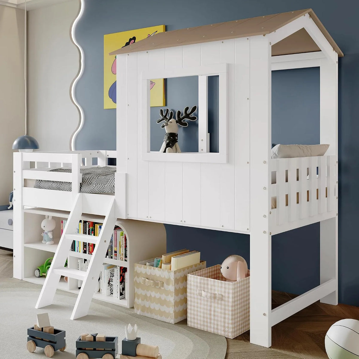 Merax Lit pour enfant 90 x 200 cm – avec rangement, avec échelle, 90 × 200 cm