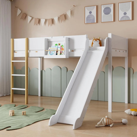 Lit superposé et lit mezzanine — MDF, pour enfant, angle droit, avec toboggan, avec échelle, 90 × 200 cm, blanc