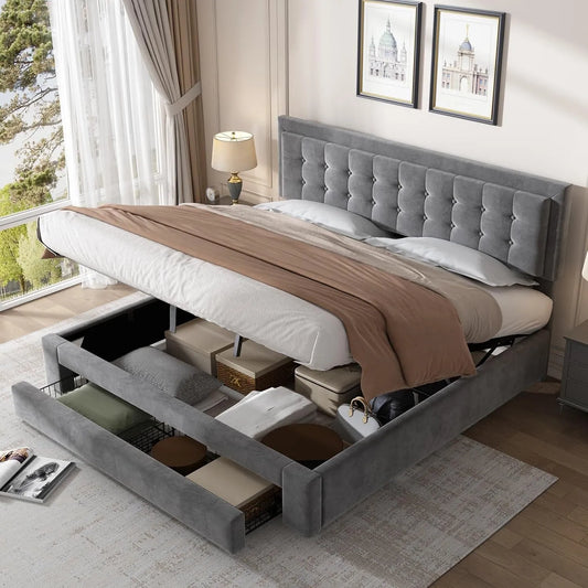 Lit Coffre 180x200cm – revêtement en tissu, avec rangement, avec tiroirs, 180 × 200cm, gris, revêtement en velours