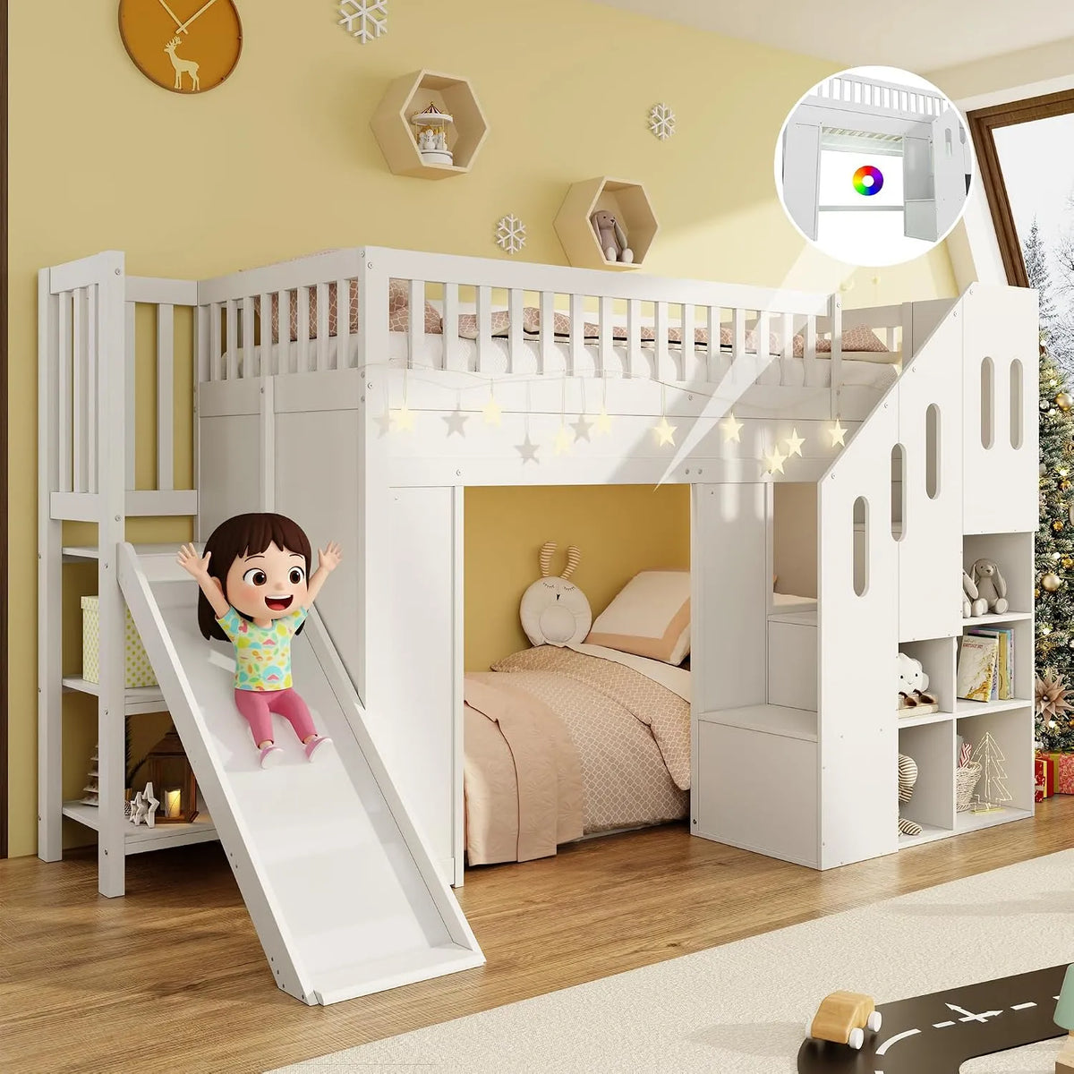 Merax Lit mezzanine pour enfant – MDF, en bois, avec rangement, avec escalier, 90 × 200 cm, blanc, avec éclairage LED, en bois massif