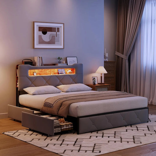 Lit 140x190 avec Sommier LED et USB – avec rangement, avec tiroirs, avec port USB, affichage LED, 4 Tiroirs, 140 × 190, 140 × 190 cm
