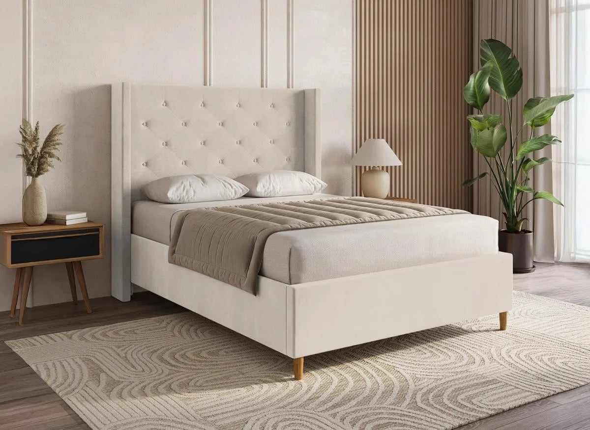 DecoInParis Lit Double en Velours capitonné Beige MAREVA 140x190 cm – 140 × 190 cm