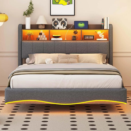 Lit rembourré et cadre de lit tapissé: revêtement en tissu, avec port USB, affichage LED, 140 × 200cm, gris