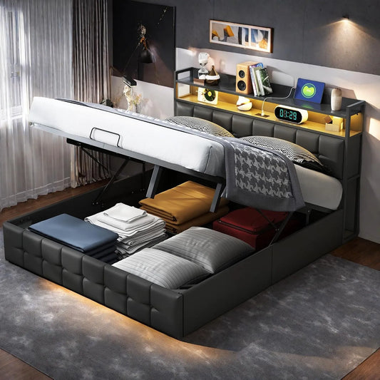 Lit Double rembourré 140 x 200 cm – avec rangement, avec port USB, affichage LED, 140 × 200 cm