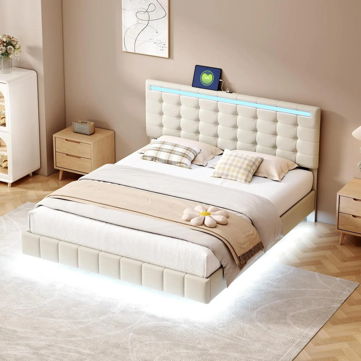 Lit Double rembourré: avec port USB, affichage LED, 160 × 200 cm, gris