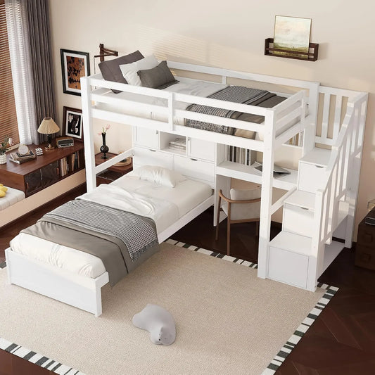 Bureau — pour enfant, avec rangement, avec Bibliothèque et étagère de rangements, avec escalier, 90 × 200 cm, blanc, avec étagères