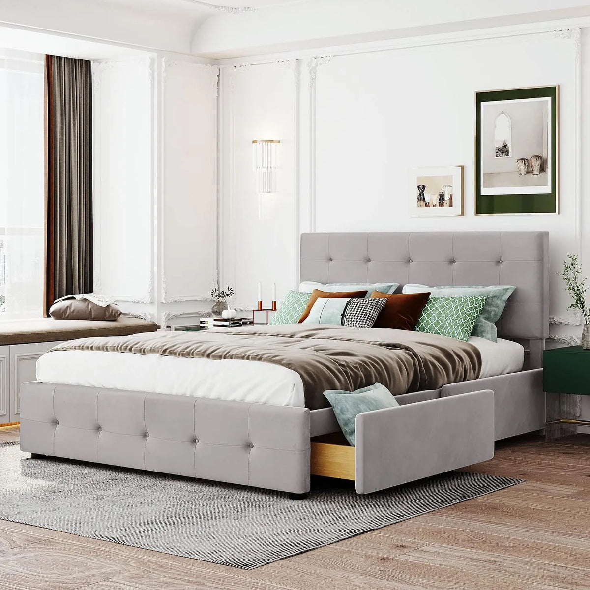 Merax Lit double rembourré: pour enfant, revêtement en tissu, avec tiroirs, avec dossier, 2 tiroirs, 140 × 200 cm, gris, revêtement en velours