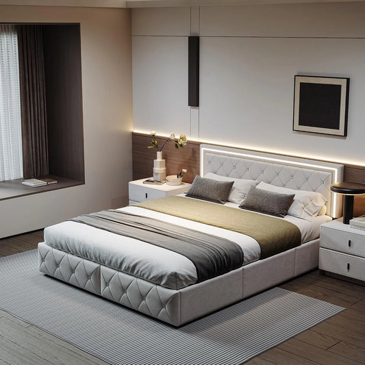 Lit Coffre 160x200 cm avec LED – avec rangement, avec tiroirs, avec port USB, affichage LED, 4 Tiroirs, 160 × 200 cm, blanc