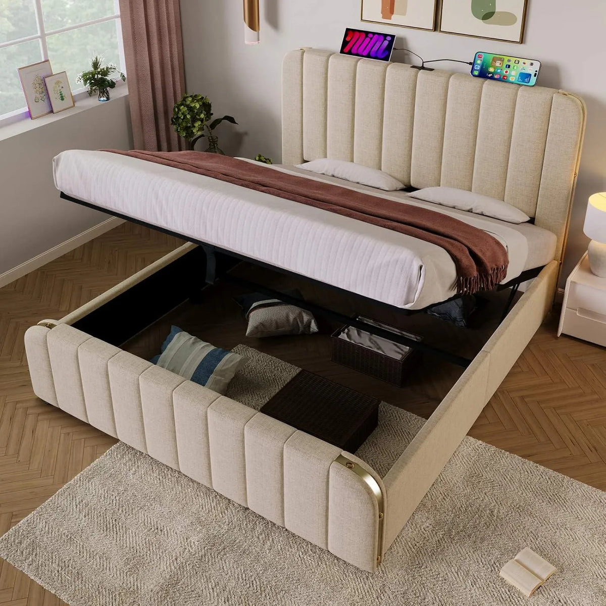 Double Rembourré Lit Coffre avec Fonction de Chargement USB Type-C: avec port USB, 140 × 200 cm, doré, revêtement en tissu