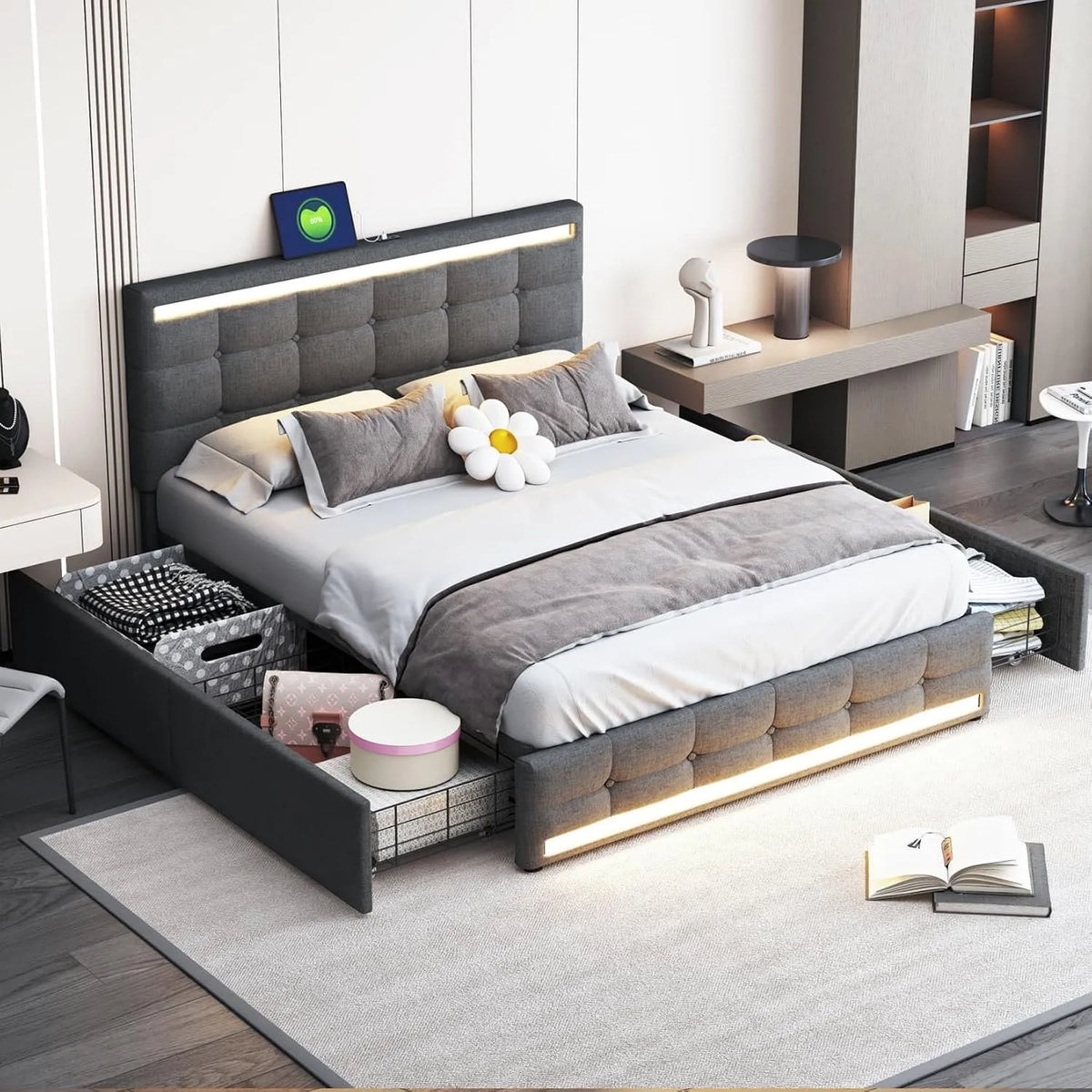 Lit Double avec éclairage LED et Port USB — revêtement en tissu, avec rangement, avec tiroirs, avec port USB, 4 Tiroirs, 140 × 200cm, gris