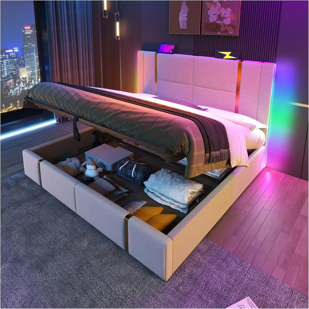 Lit Double rembourré avec LED et Port de Charge USB — en bois, avec port USB, affichage LED, 140 × 200cm, beige