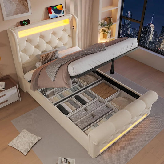 Lit 1 Place 90x200cm avec Espace de Rangement Hydraulique et: revêtement en tissu, avec rangement, avec port USB, affichage LED, 90 × 200cm, beige