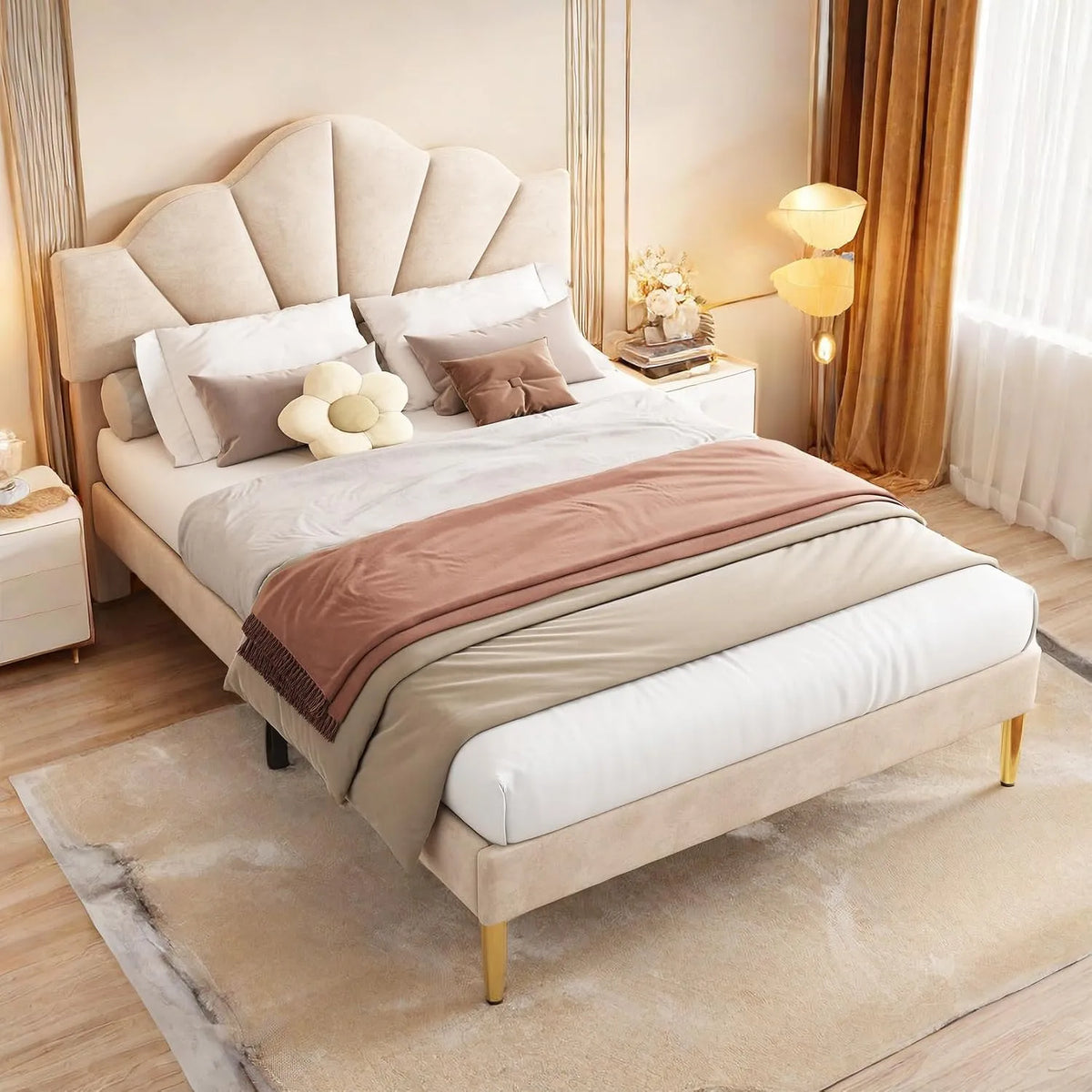 Lit 90x200 avec sommier — en bois, réglable, 90 × 200, 90 × 200 cm, beige, hauteur réglable, revêtement en velours