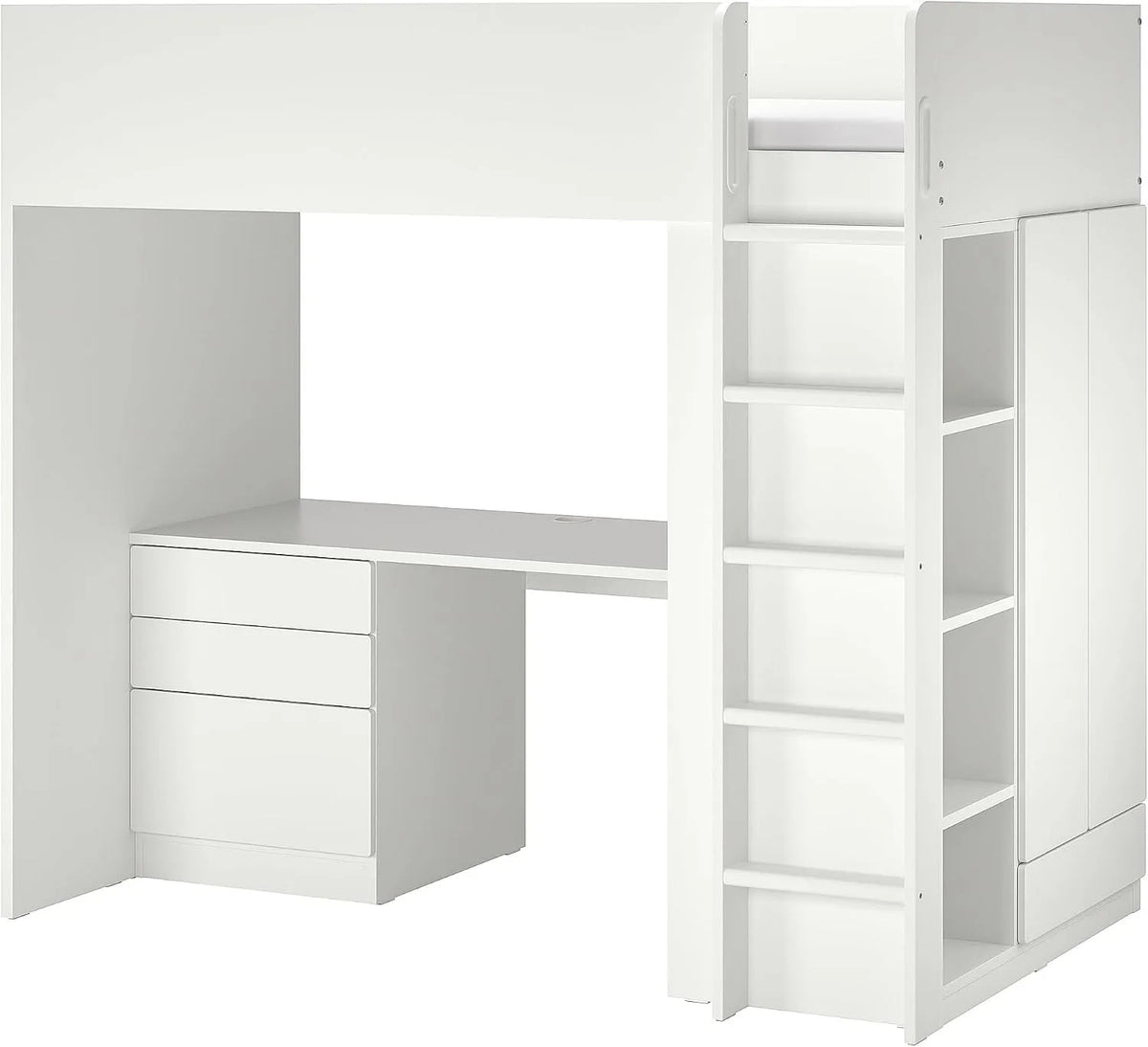 Bureau: avec Bibliothèque et étagère de rangements, avec bureau, 2 étagères, 90 × 200 cm, blanc