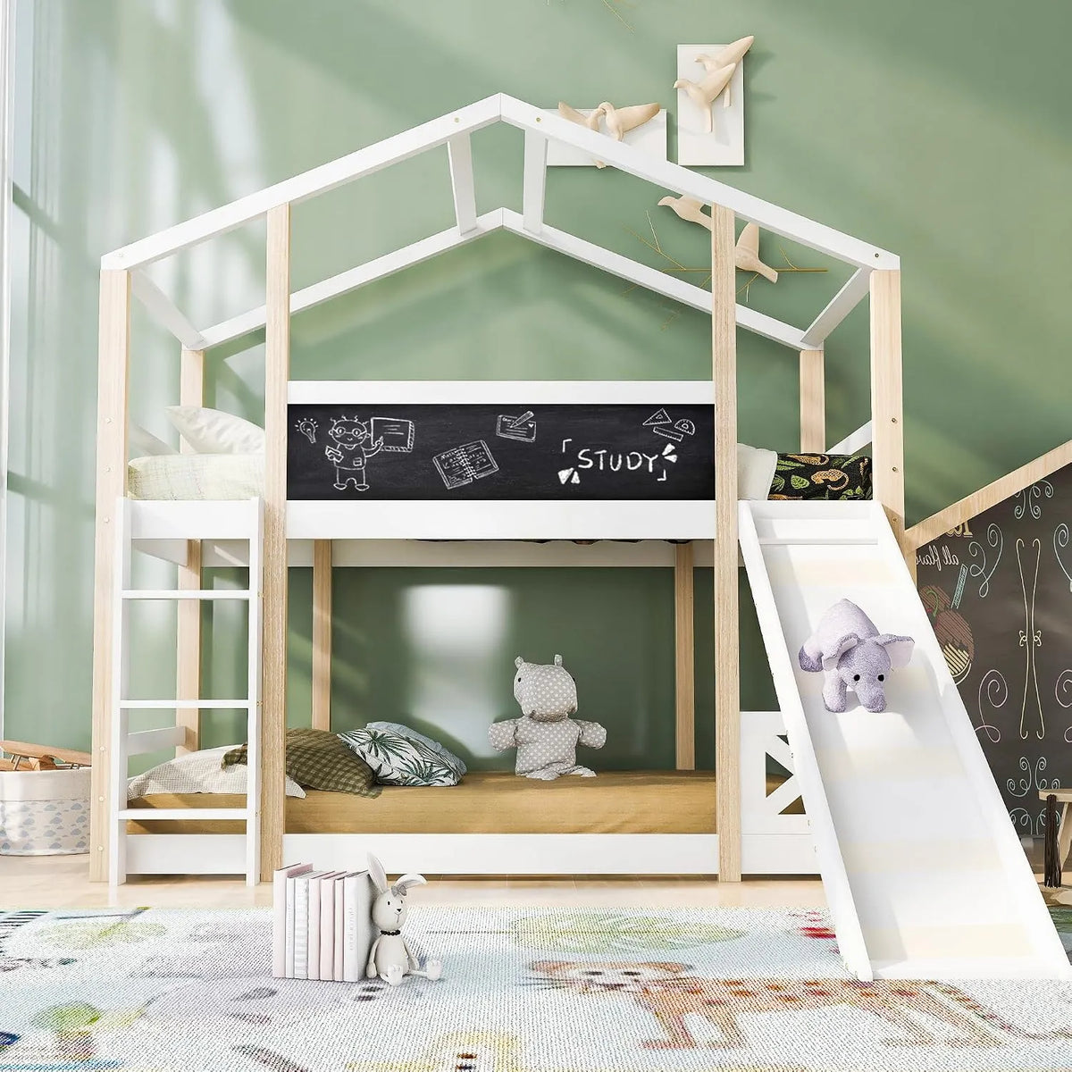 Lit pour enfant 90 x 200 cm – avec toboggan, avec échelle, 90 × 200 cm, blanc, revêtement en tissu
