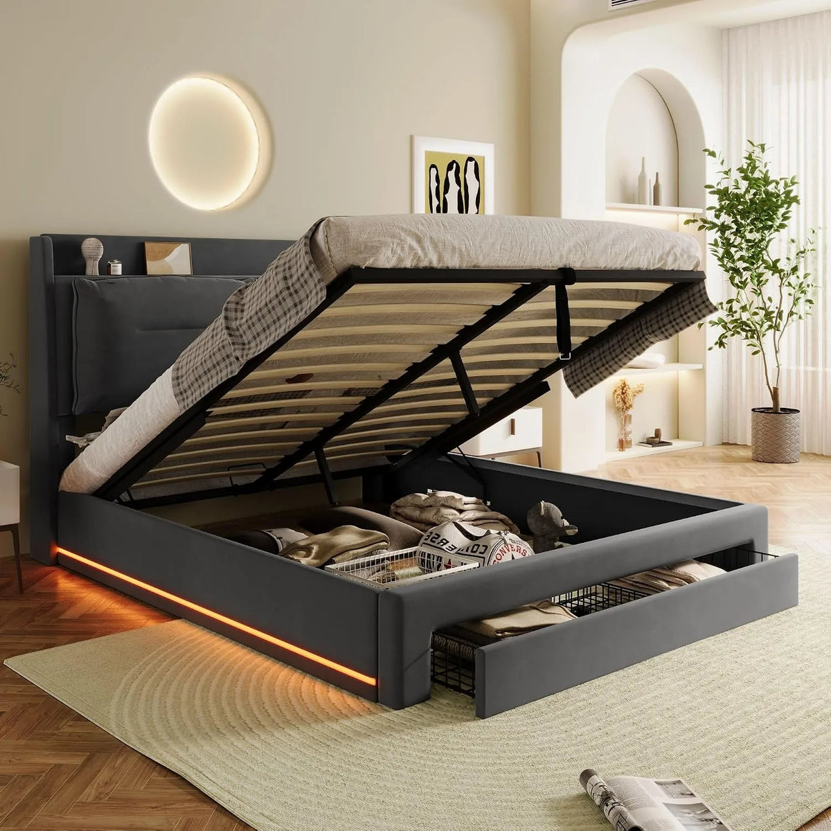 okwish Lit Coffre 160x200 cm — avec tiroirs, affichage LED, 160 × 200 cm, gris, revêtement en velours, revêtement en tissu