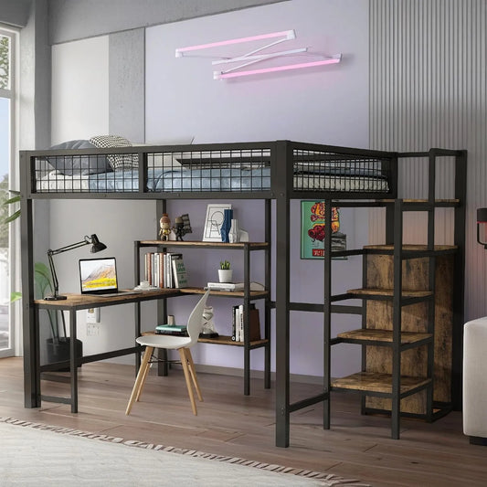 Lit superposé et lit mezzanine — pour enfant, avec rangement, avec étagères, avec bureau, 1 Place, 140 × 200, noir, revêtement en tissu